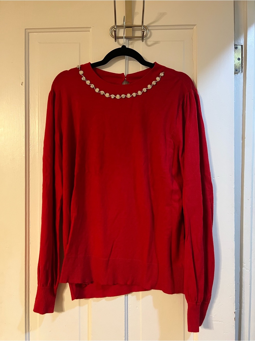 Liz Claiborne Red Sweater with Faux Pearl and Rhinestone Trim